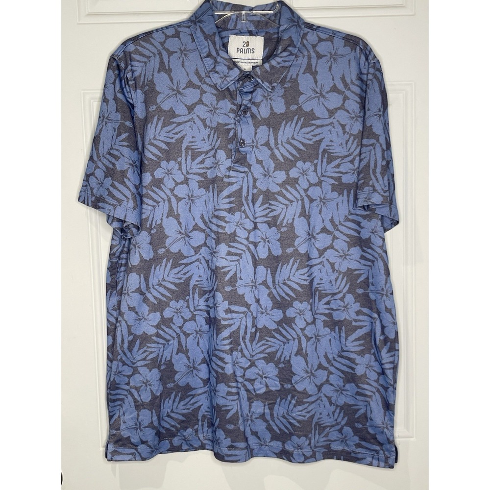 28 Palms Men's XL Tropical Print Pique Golf Polo Shirt Blue Gray Hawaiian Floral